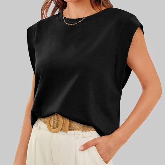 🔥Big price reduction💗 Solid Color Round Neck Cap Sleeve Top