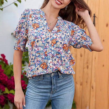 🌺Floral V-neck Puff Sleeve Blouse For Women