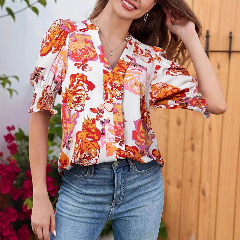 🌺Floral V-neck Puff Sleeve Blouse For Women