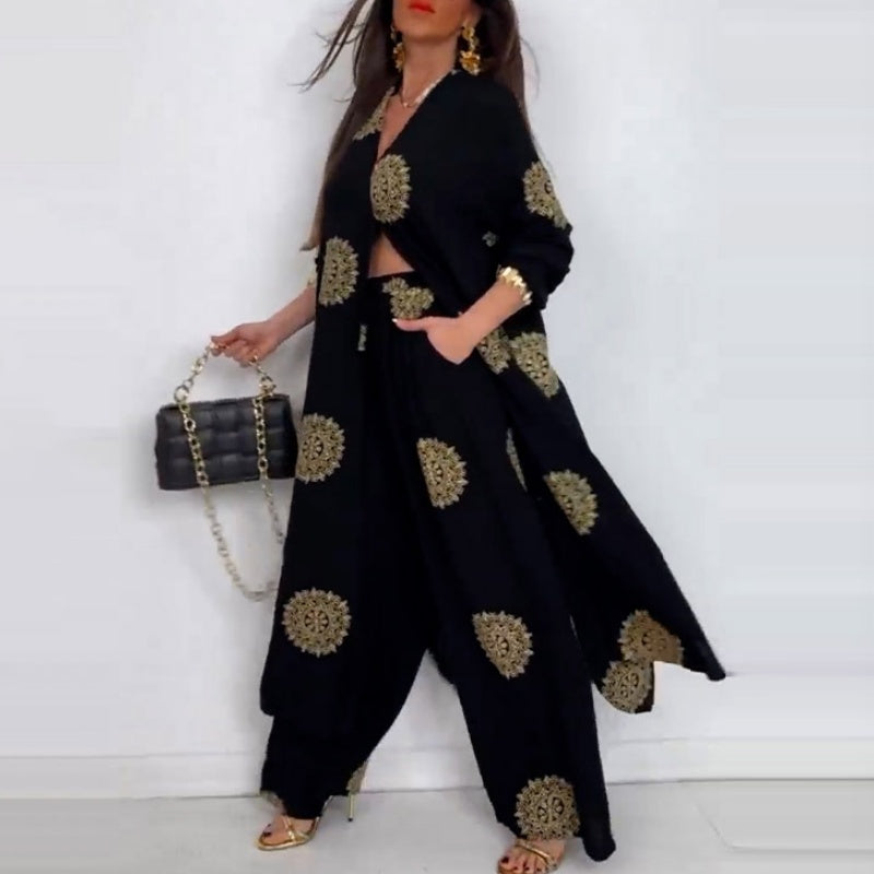 ✨Early Summer New✨Women's Loose V-Neck Top & Printed Wide Leg Pants Two Piece Set