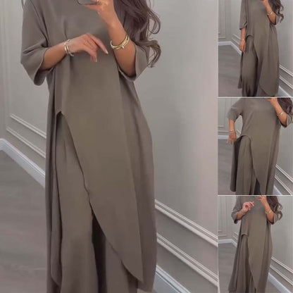 💃Limited Sale 50% OFF💕Solid Color Irregular Top & Wide-Leg Pants 2-PCS Set