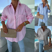 🌸2025 summer Specials💐 Women's Long Sleeve Casual Striped Loose Mid-Length Shirt😍