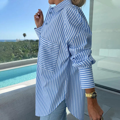 🌸2025 summer Specials💐 Women's Long Sleeve Casual Striped Loose Mid-Length Shirt😍