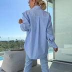 🌸2025 summer Specials💐 Women's Long Sleeve Casual Striped Loose Mid-Length Shirt😍