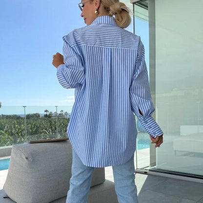 🌸2025 summer Specials💐 Women's Long Sleeve Casual Striped Loose Mid-Length Shirt😍