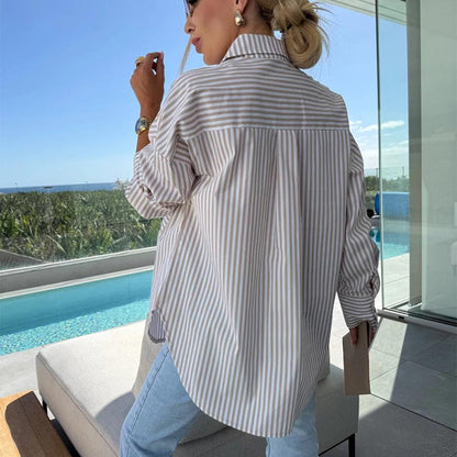 🌸2025 summer Specials💐 Women's Long Sleeve Casual Striped Loose Mid-Length Shirt😍
