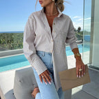 🌸2025 summer Specials💐 Women's Long Sleeve Casual Striped Loose Mid-Length Shirt😍