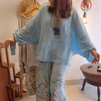 💕Women's Loose Fit Blouse & Floral Printed Wide-Leg Pants Set