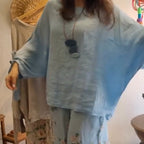 💕Women's Loose Fit Blouse & Floral Printed Wide-Leg Pants Set