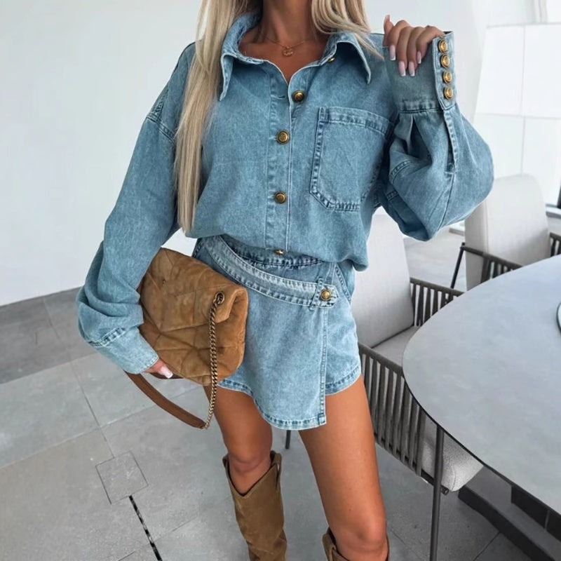 ✨Early Summer New✨Women's Summer Denim Set Oversized Shirt & Skirt Shorts