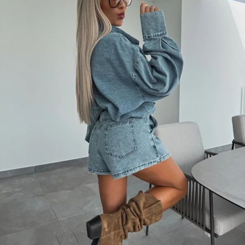 ✨Early Summer New✨Women's Summer Denim Set Oversized Shirt & Skirt Shorts