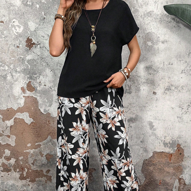 💕Limited Sale 50% OFF💕Women's Casual Floral Print Wide Leg Trousers and Short Sleeve Top Set