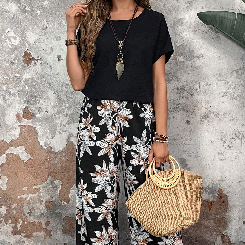 💕Limited Sale 50% OFF💕Women's Casual Floral Print Wide Leg Trousers and Short Sleeve Top Set