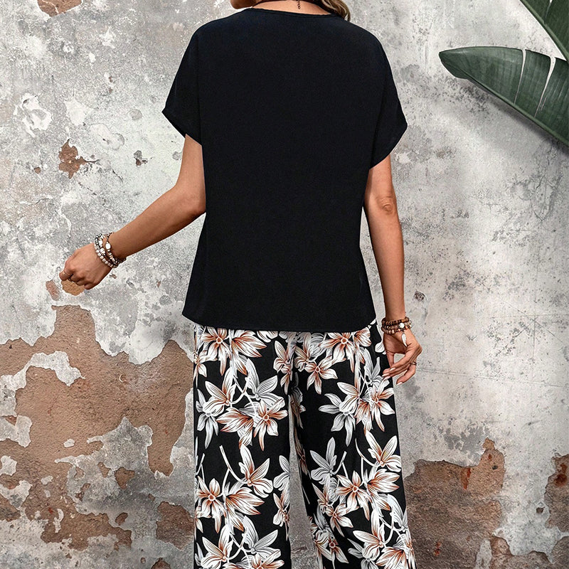 💕Limited Sale 50% OFF💕Women's Casual Floral Print Wide Leg Trousers and Short Sleeve Top Set