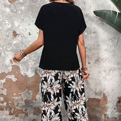 💕Limited Sale 50% OFF💕Women's Casual Floral Print Wide Leg Trousers and Short Sleeve Top Set