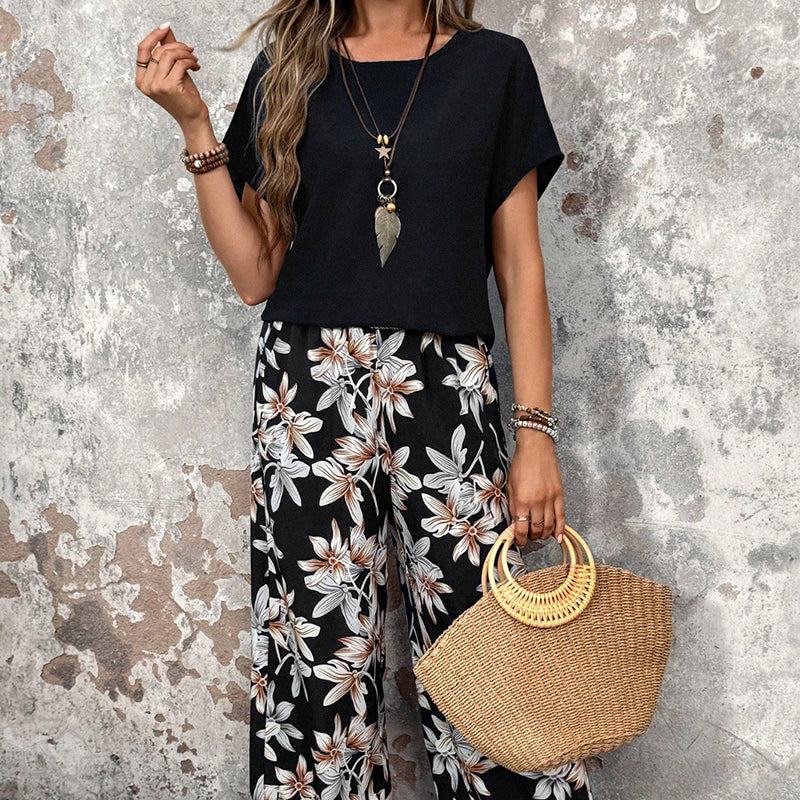 💕Limited Sale 50% OFF💕Women's Casual Floral Print Wide Leg Trousers and Short Sleeve Top Set