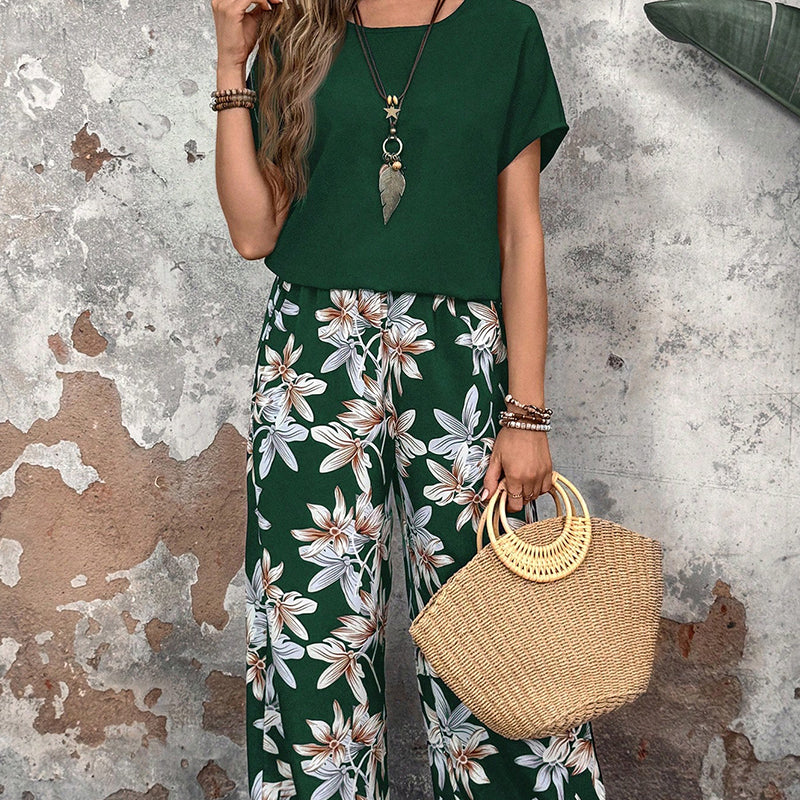 💕Limited Sale 50% OFF💕Women's Casual Floral Print Wide Leg Trousers and Short Sleeve Top Set