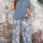 💕Limited Sale 50% OFF💕Women's Casual Floral Print Wide Leg Trousers and Short Sleeve Top Set
