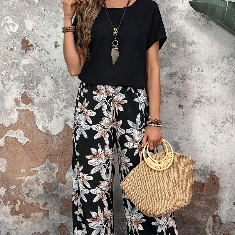 💕Limited Sale 50% OFF💕Women's Casual Floral Print Wide Leg Trousers and Short Sleeve Top Set