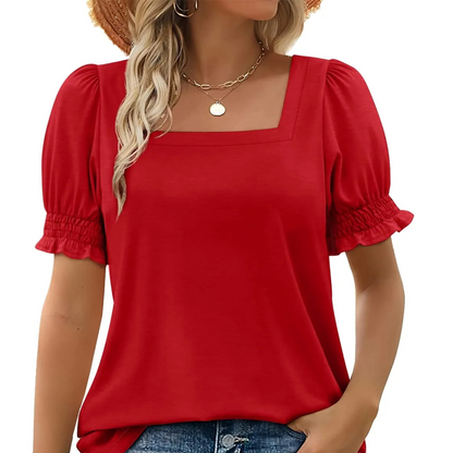 🏖️Summer Hot Sale 67% OFF💟Women's Casual Square Neck Smocked Sleeve T-Shirt