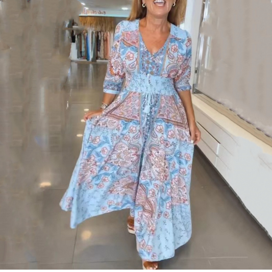 🔥Big price reduction🥰 Women’s Elegant Floral Drawstring Long Dress