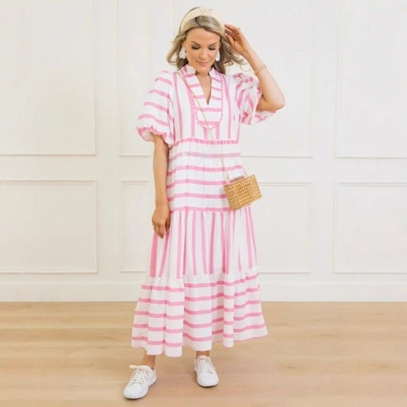 🌸Summer Sale - 50%OFF🌸Women's Summer Striped Loose Casual Elegant Comfortable Short Sleeve Dresses