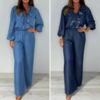 💙LAST DAY SALE 50% OFF🥰Women's Tiered Long-Sleeve Tops ＆ Wide-Leg Pants Set
