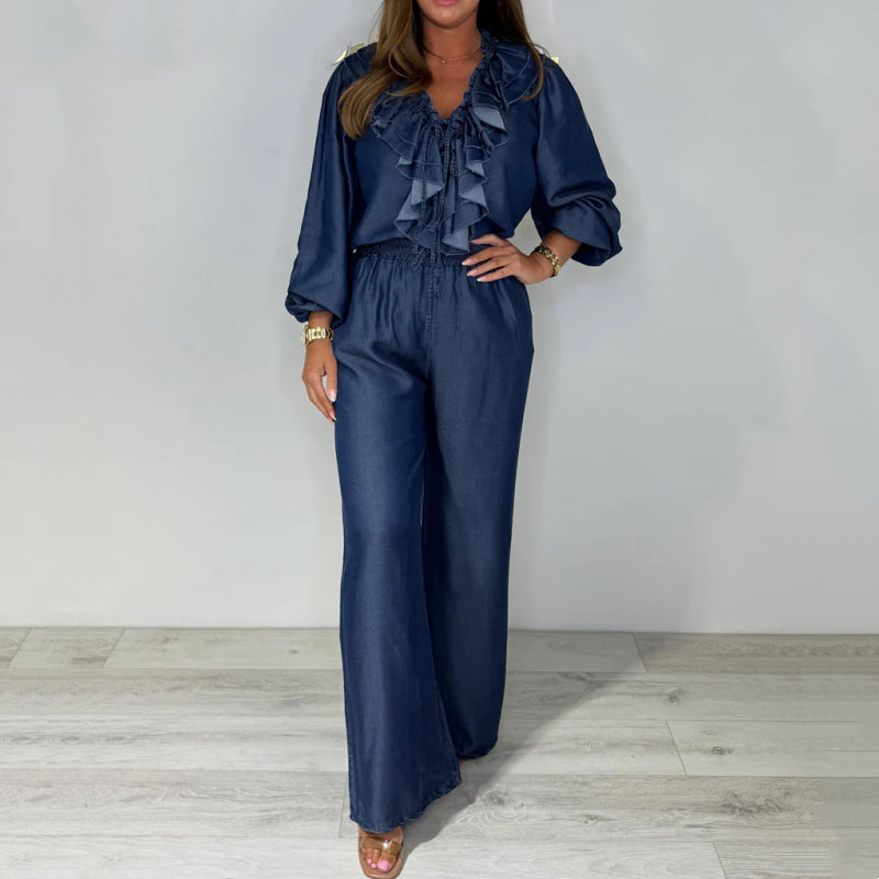 💙LAST DAY SALE 50% OFF🥰Women's Tiered Long-Sleeve Tops ＆ Wide-Leg Pants Set