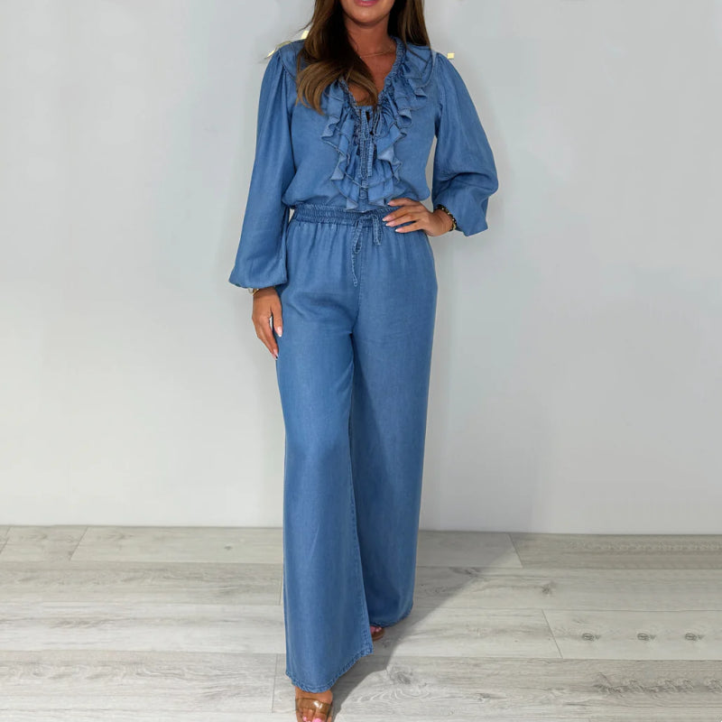 💙LAST DAY SALE 50% OFF🥰Women's Tiered Long-Sleeve Tops ＆ Wide-Leg Pants Set