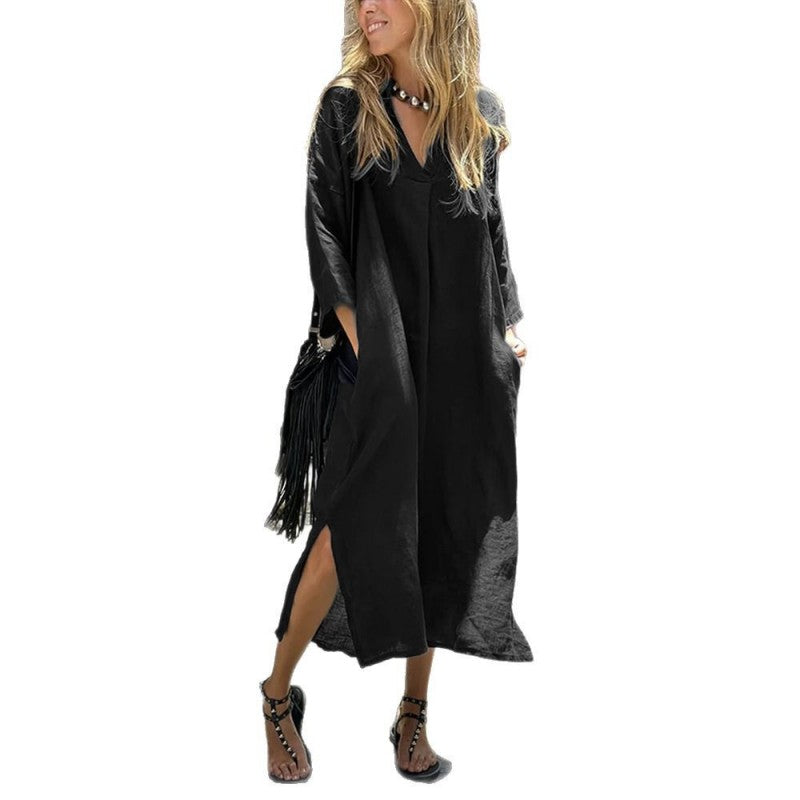 ❤️2025 New Products❤️Women's Casual V-Neck Long Dress with Pockets & Slit Hem