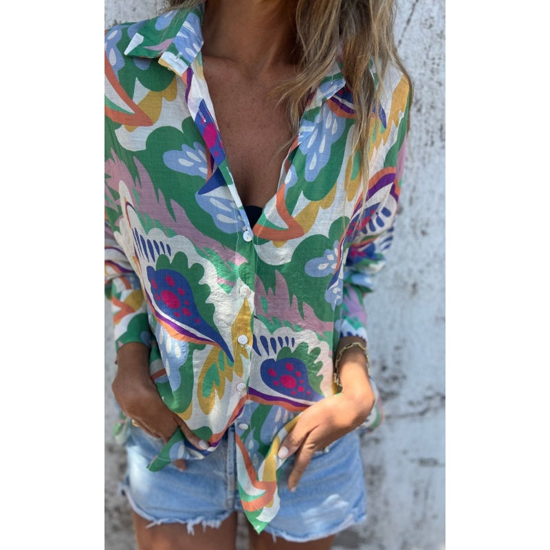 🌴Summer Specials🌴Women's Vibrant Floral Print Long Sleeve Lapel Shirt