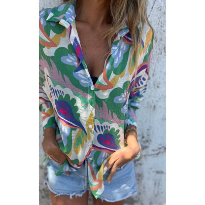 🌴Summer Specials🌴Women's Vibrant Floral Print Long Sleeve Lapel Shirt