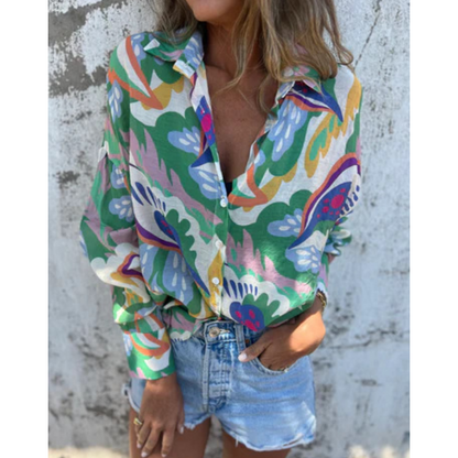 🌴Summer Specials🌴Women's Vibrant Floral Print Long Sleeve Lapel Shirt