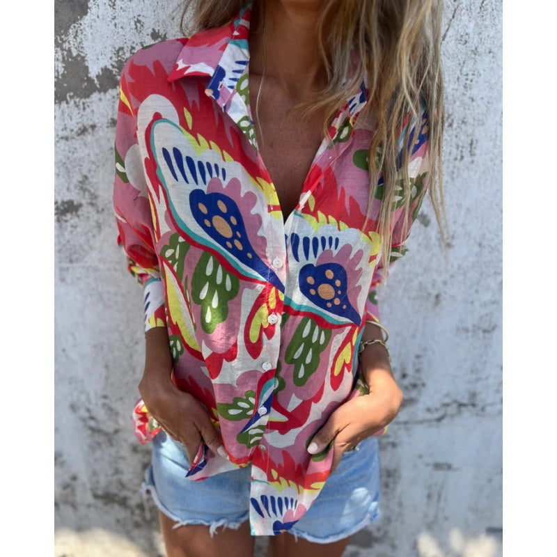 🌴Summer Specials🌴Women's Vibrant Floral Print Long Sleeve Lapel Shirt