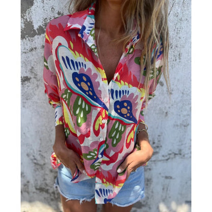 🌴Summer Specials🌴Women's Vibrant Floral Print Long Sleeve Lapel Shirt