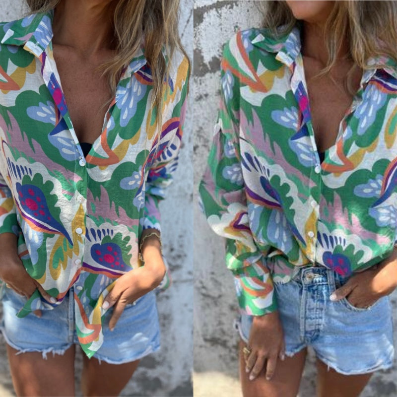 🌴Summer Specials🌴Women's Vibrant Floral Print Long Sleeve Lapel Shirt