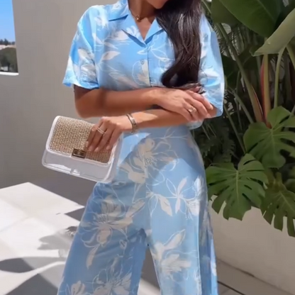 💕Big price reduction💕Women's Casual Printed Short Sleeve Shirt Wide Leg Pants Set