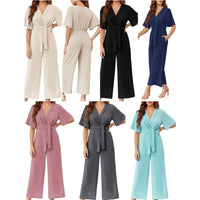 💖LAST DAY SALE 57% OFF💖Women's Elegant V-Neck Wide Leg Waist Tie Jumpsuit