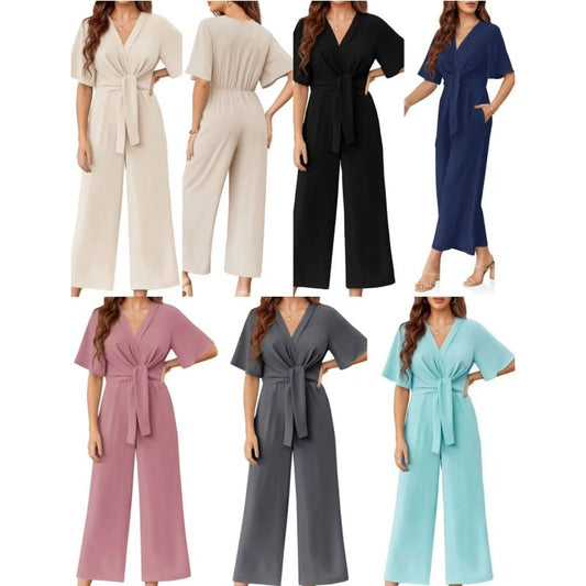 💖LAST DAY SALE 57% OFF💖Women's Elegant V-Neck Wide Leg Waist Tie Jumpsuit
