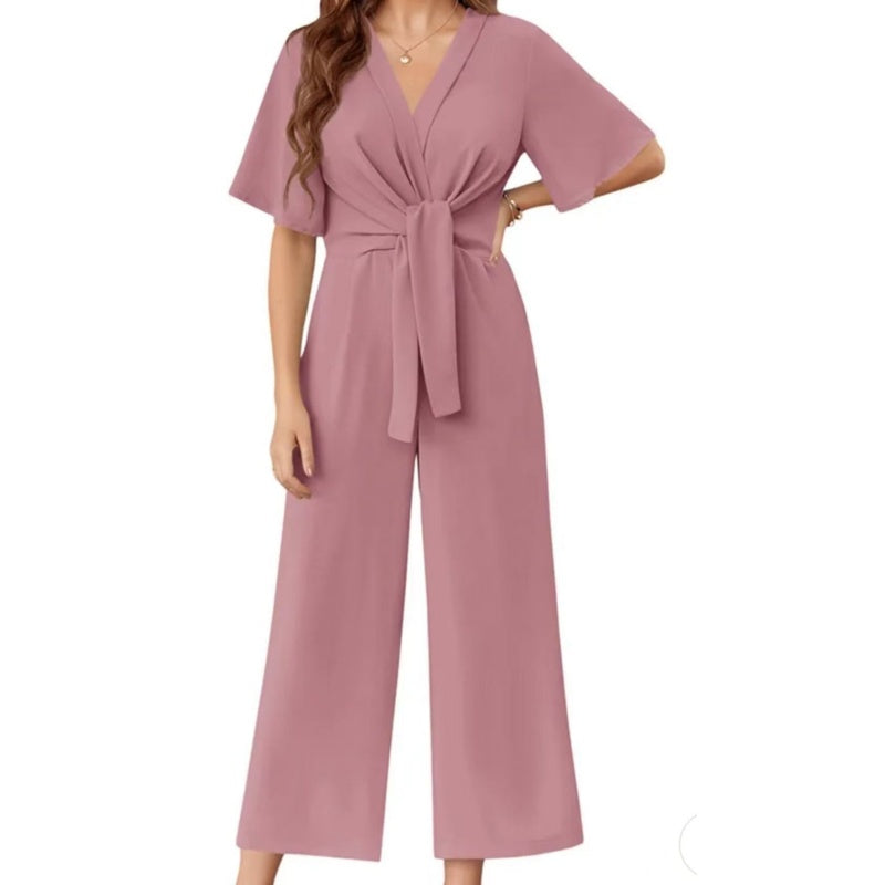 💖LAST DAY SALE 57% OFF💖Women's Elegant V-Neck Wide Leg Waist Tie Jumpsuit