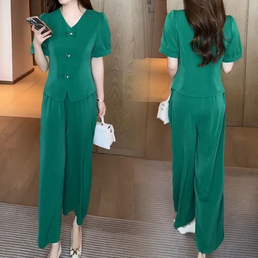 ⏳Time-limited Special⏰V-Neck Short Sleeve Top & Matching Wide-Leg Pants (2-Piece Set)