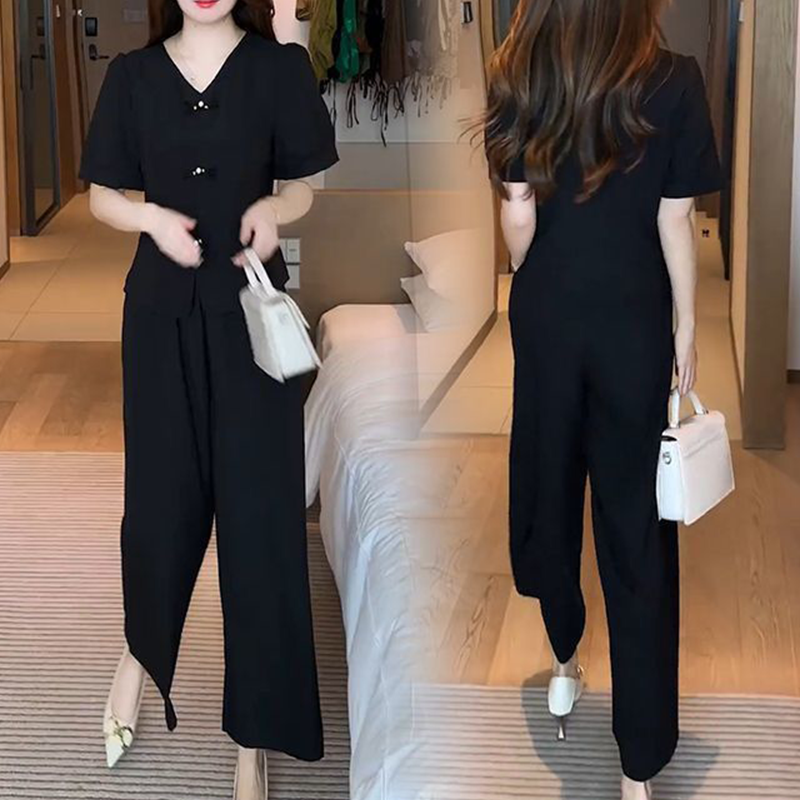 ⏳Time-limited Special⏰V-Neck Short Sleeve Top & Matching Wide-Leg Pants (2-Piece Set)
