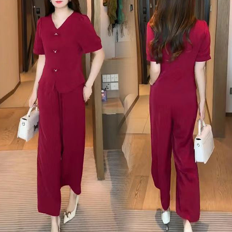 ⏳Time-limited Special⏰V-Neck Short Sleeve Top & Matching Wide-Leg Pants (2-Piece Set)