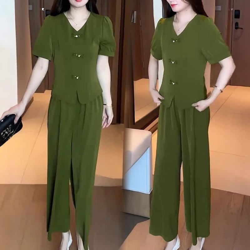 ⏳Time-limited Special⏰V-Neck Short Sleeve Top & Matching Wide-Leg Pants (2-Piece Set)