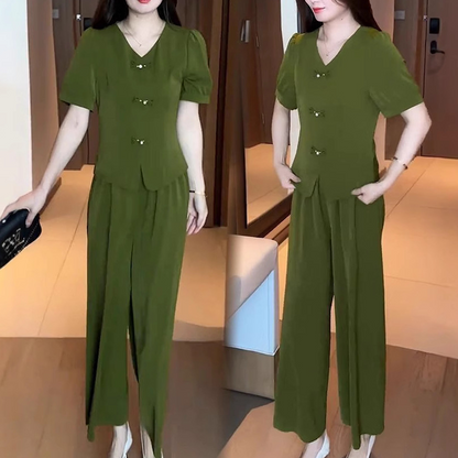 ⏳Time-limited Special⏰V-Neck Short Sleeve Top & Matching Wide-Leg Pants (2-Piece Set)