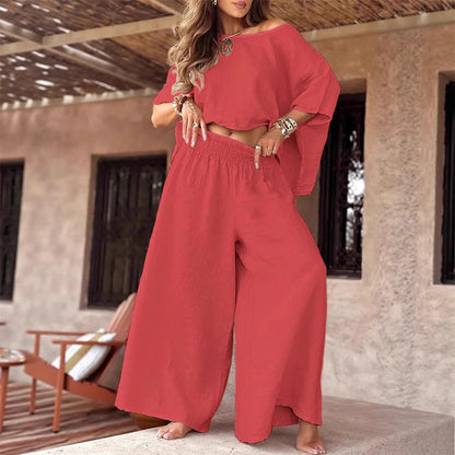 ⏳Time-limited Special💕Women's Causal Off Shoulder Top ＆ Wide-Leg Pants Two-Piece Set