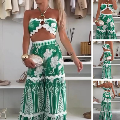 💗Summer Specials✨Women’s Bikini Top & Printed Wide-Leg Pants 2 PCS Set