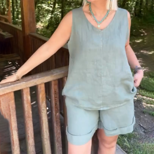🏖️🎊Summer Specials🌴Women's Casual V-Neck Sleeveless Top & Shorts Set