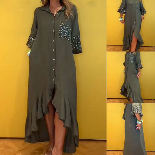 ⏳Limited Time Offer⏰Women's Button-Down Shirt Dress with Ruffle Hem