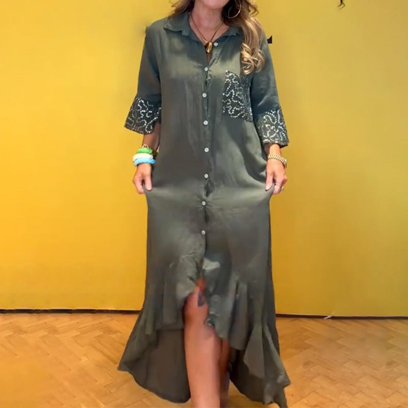 ⏳Limited Time Offer⏰Women's Button-Down Shirt Dress with Ruffle Hem